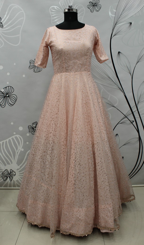 Peach Partywear Wear Foil Work Net Gown